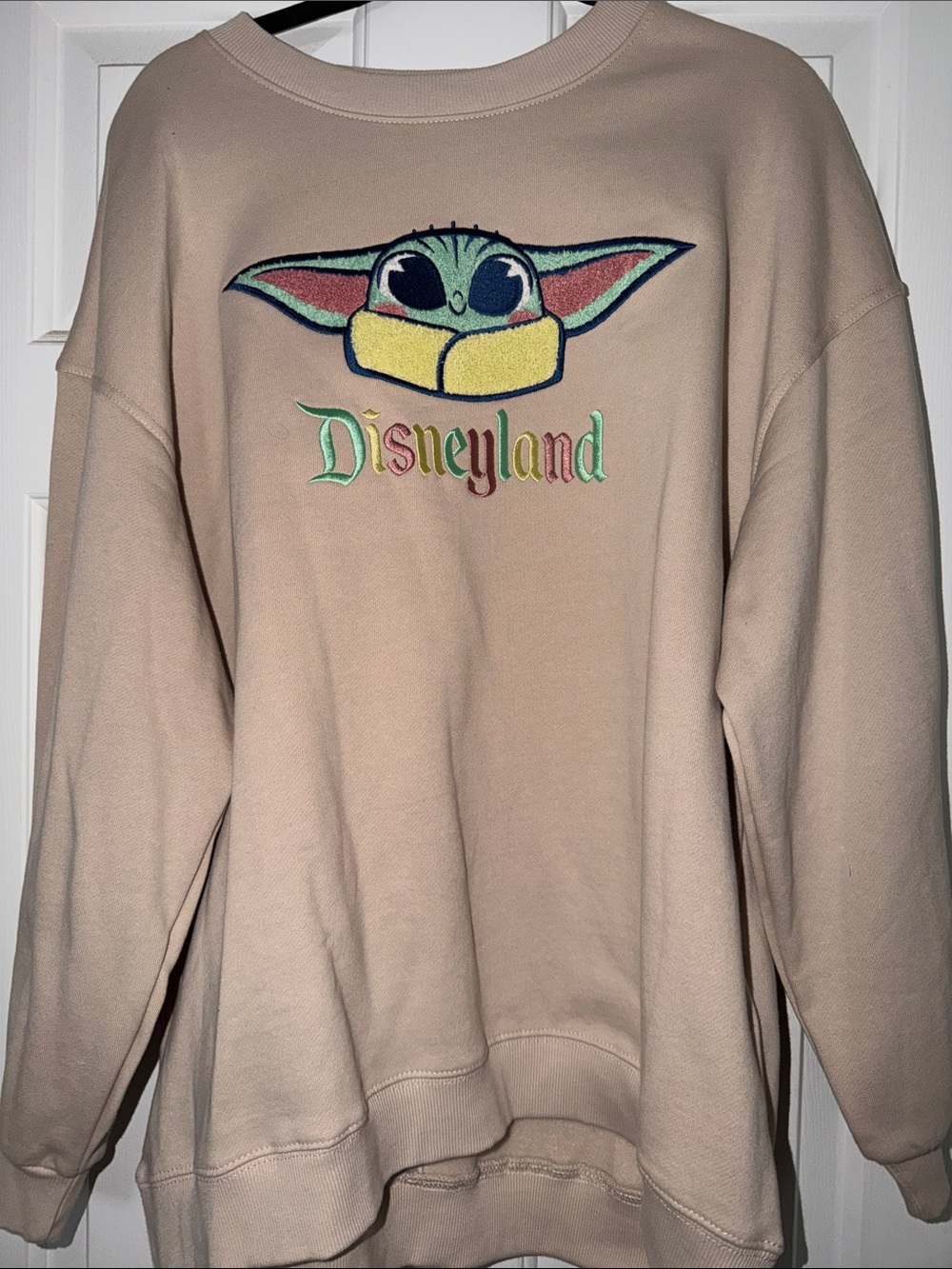 Disneyland Star Wars Tan Crewneck Sweater with Baby Yoda Embroidered Graphic